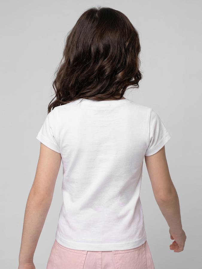 R&B White Graphic Print Girls Round Neck Regular Fit Short Sleeves T-Shirt 