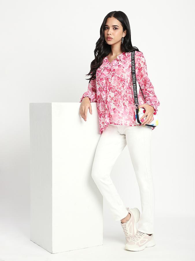 Women Polyester Regular Fit Ruffled Neck Floral Top