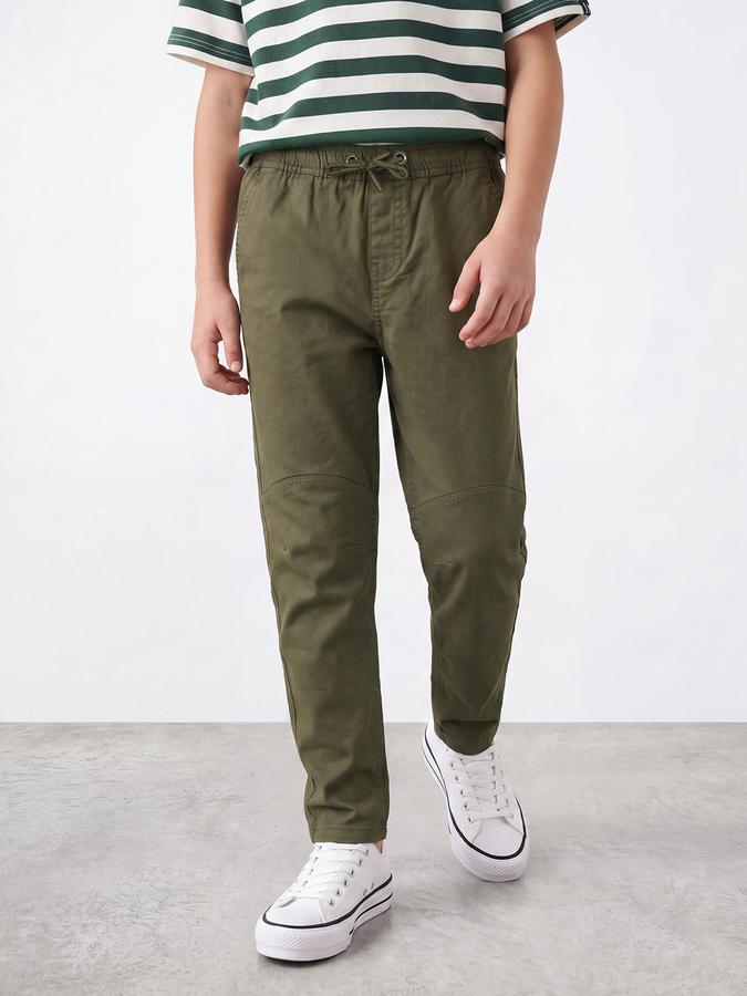 R&B Boys Olive Solid Regular Fit Mid Rise Trousers