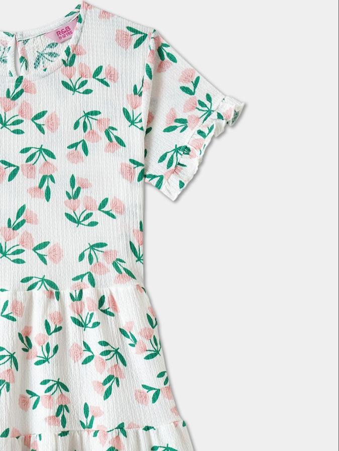 R&B White Floral Printed Girls Short Sleeves Dress