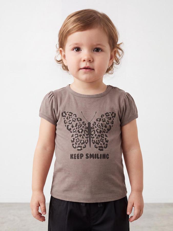 R&B Girls Brown Butterfly Print Short Sleeves Round Neck Pure Cotton T-Shirt