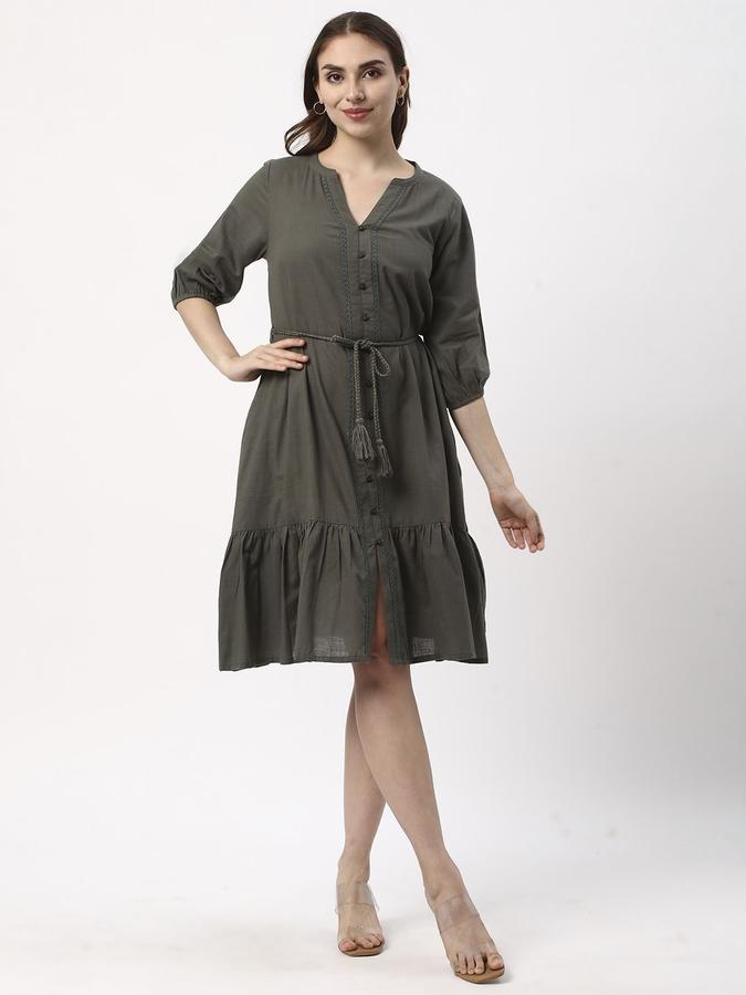 R&B Women Olive Solid Three-Quarter Sleeves V-Neck Knee Length Fit &amp; Flare Dress