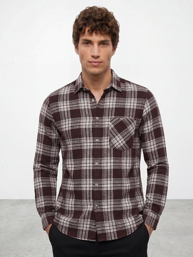 R&B Men Maroon Windowpane Checks Spread Collar Long Sleeves Regular Fit Shirt