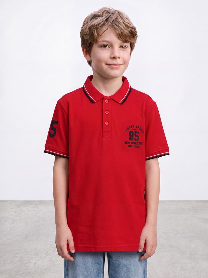 R&B Boys Red Collegiate Badge Printed Polo Collar Short Sleeves Pure Cotton T-shirt