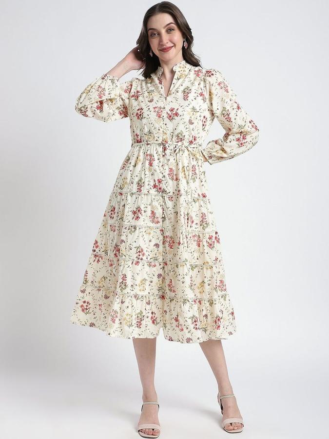 R&B Women Ivory Floral Long Sleeves Mandarin Collar Midi Fit &amp; Flare Dress