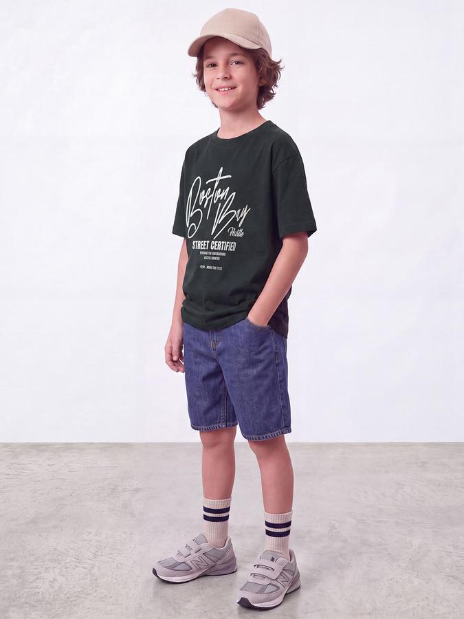 R&B Boys Green Short Sleeve Round Neck Typography Graphic Print T-Shirt