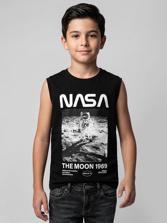 R&B Black Graphic Print Boys Round Neck Regular Fit Sleeveless T-Shirt 
