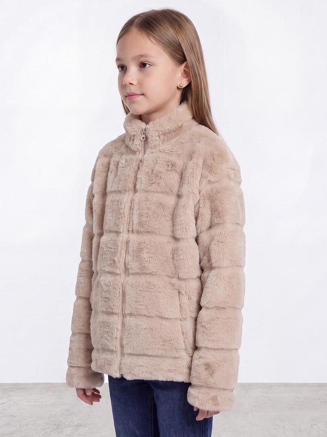 R&B Girls Beige Self Design Raised Collar Fur Jacket