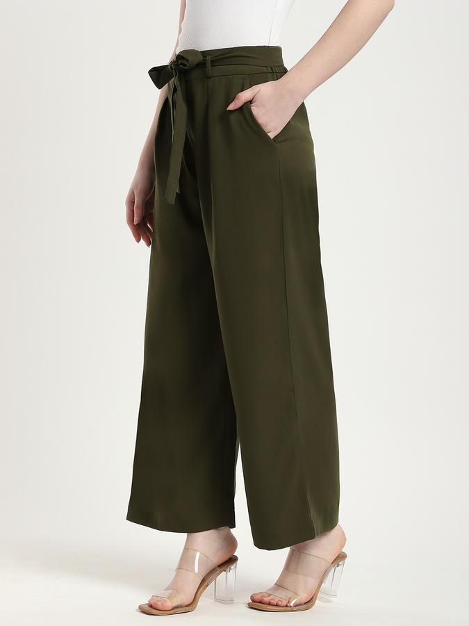 R&B Women Olive Solid Wide-Leg Trousers