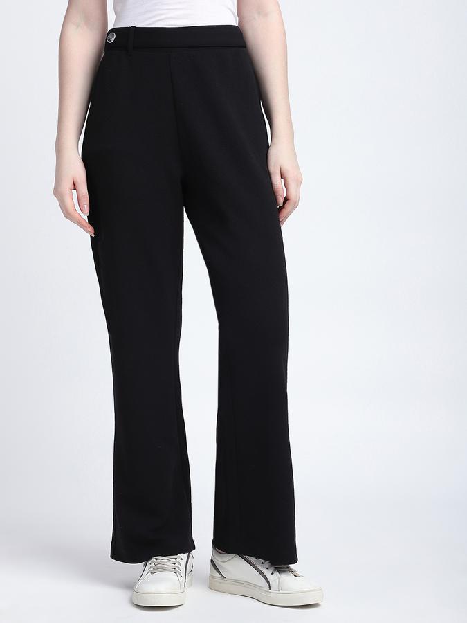 Women Polyester Wide Leg Mid Rise Solid Pants