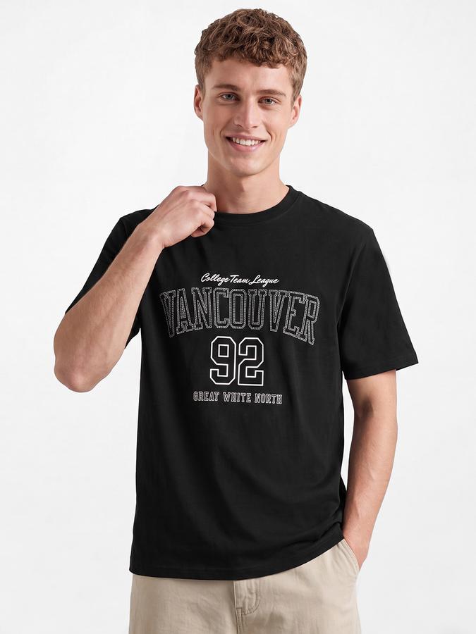 R&B Men Black Typographic Print Short Sleeves Relaxed Fit Pure Cotton Tshirt