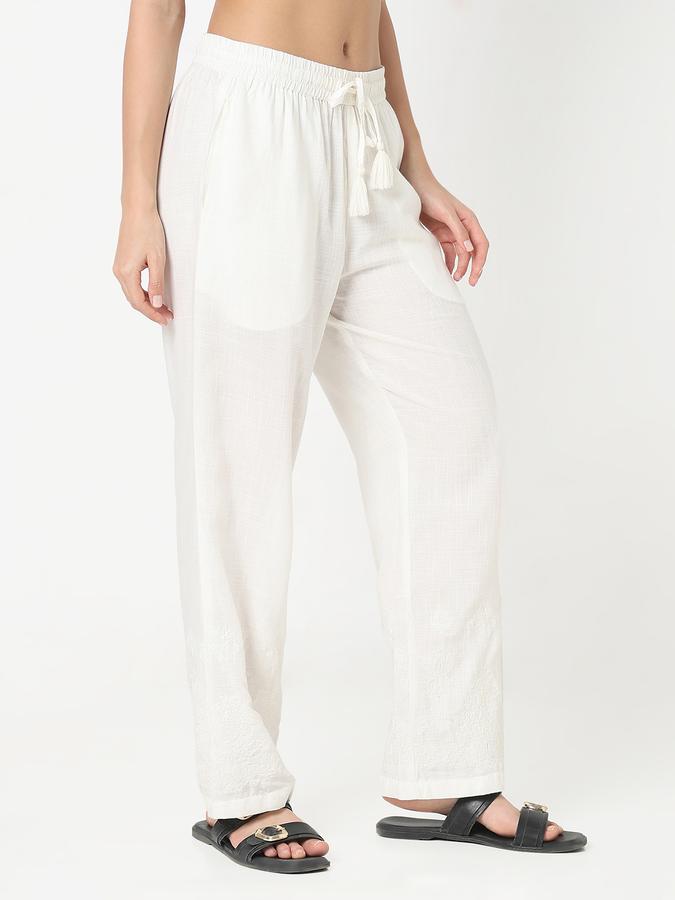 Women Viscose Straight Drawstring Embroidered Trousers