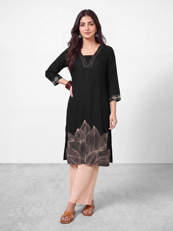 R&B Womens Black Three-Quarter Sleeves V Neck Floral Printed Straight Kurta