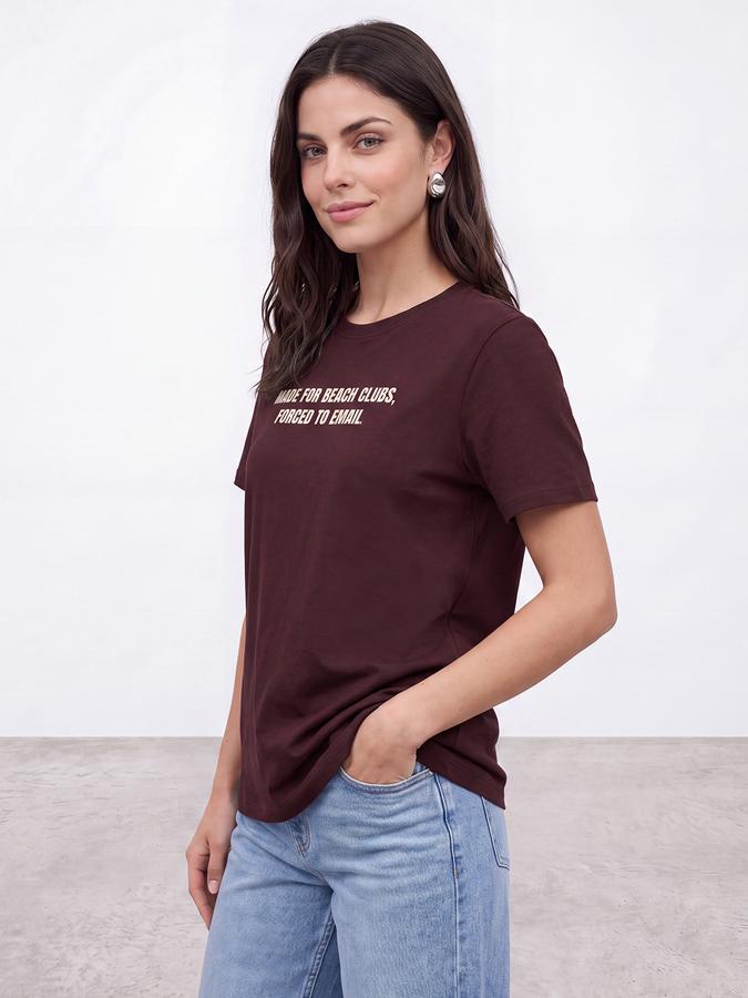 R&B Women Wine Burgundy Typographic Print Short Sleeves Pure Cotton Tshirt