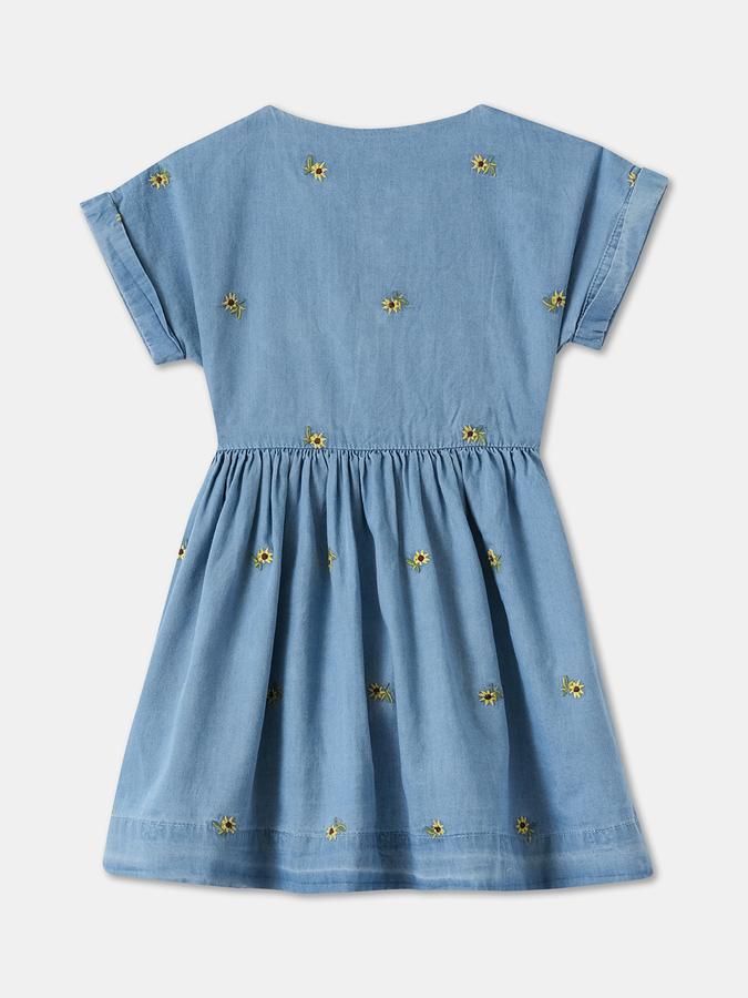 Girls Floral Embroidered Short Sleeve Round Neck A-Line Dress