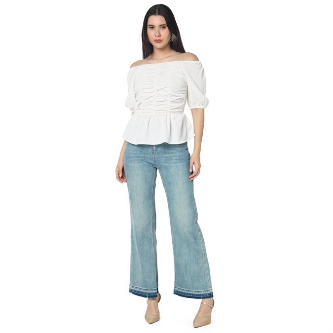 R&B Women Beige Solid Ruched Off-Shoulder Peplum Top
