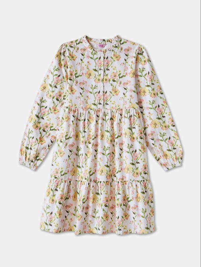 R&B White Floral Printed Girls Long Sleeves Dress