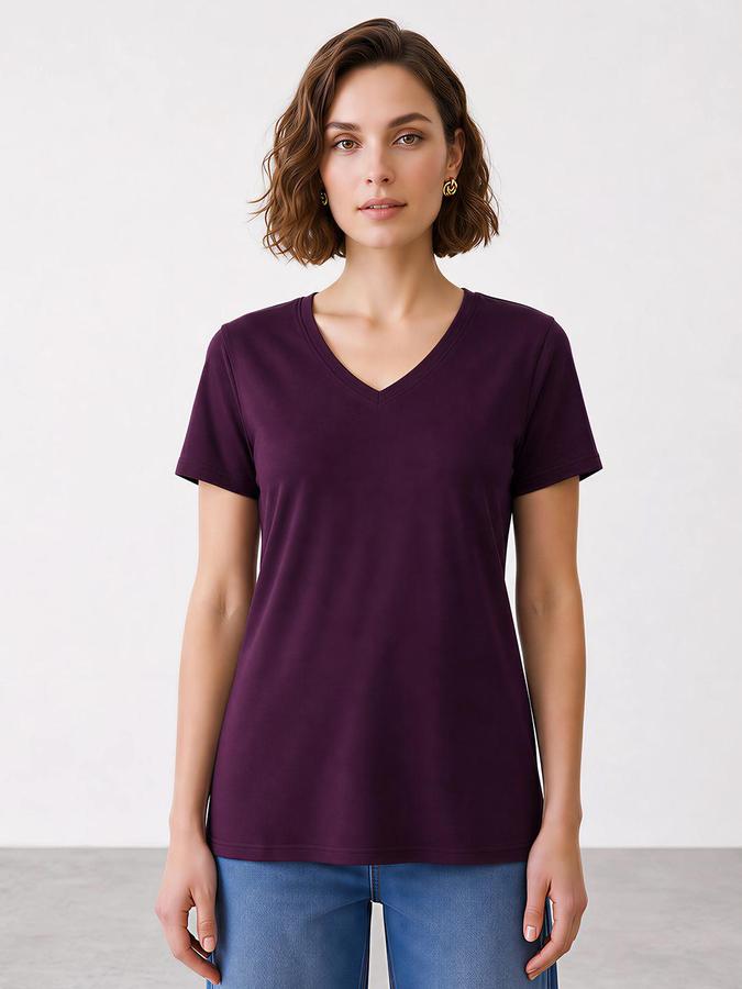 R&B Women Purple Short Sleeve V Neck Solid T-Shirt