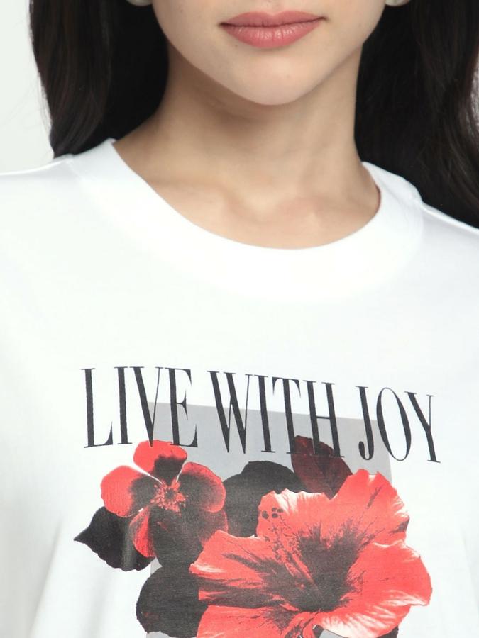 R&B Womens White Floral Print Round Neck Short Sleeves T-shirt