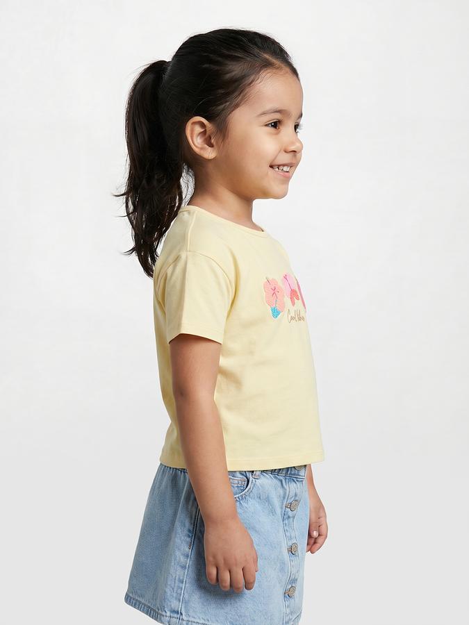 R&B Girls Yellow Regular Fit Floral Embroidered Short Sleeve T-shirt