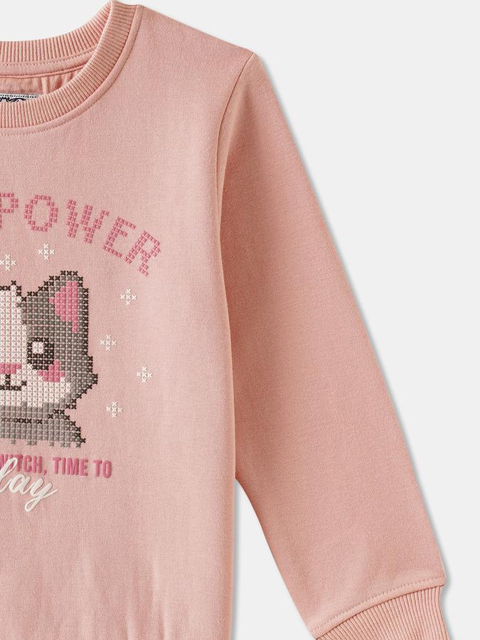 Girls Cotton Blend Regular Fit Crew Neck Graphic Sweatshirt