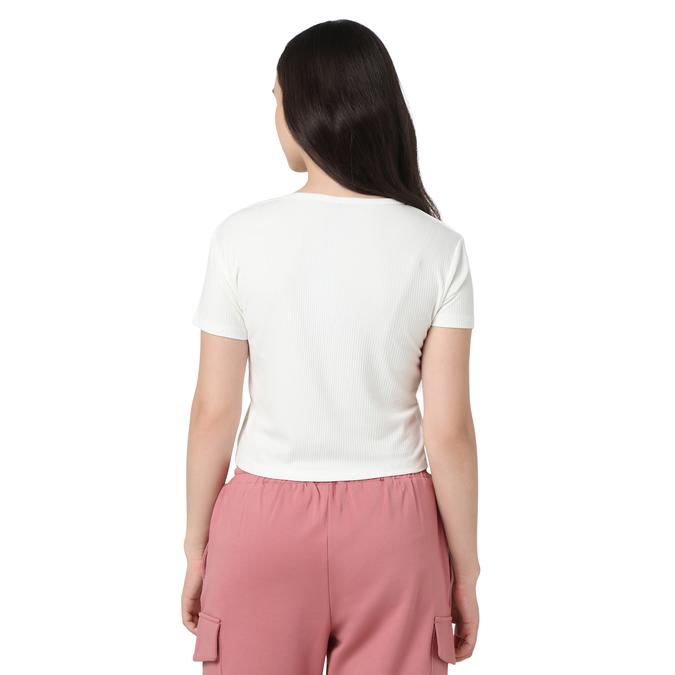 R&B Women Ivory Solid Cropped Ribbed Top