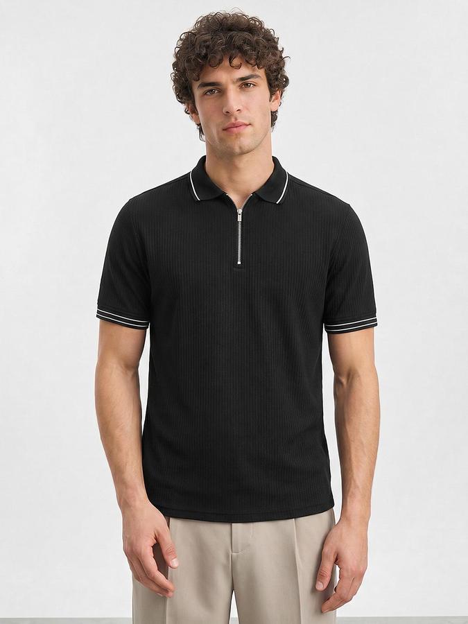 R&B Men Black Ribbed Short Sleeves Polo Tshirt