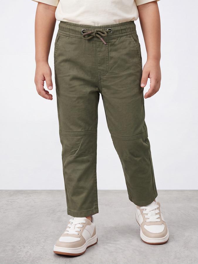R&B Boys Olive Solid Regular Fit Mid Rise Trousers