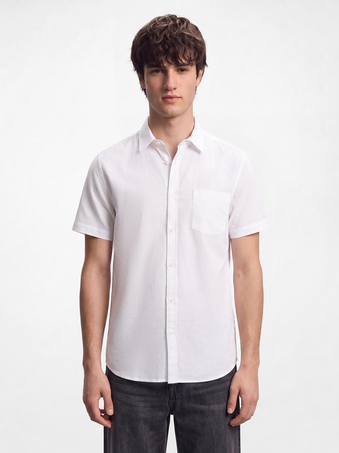 R&B Men's White Short Sleeves Spread Collar Waffle Structure Shirt