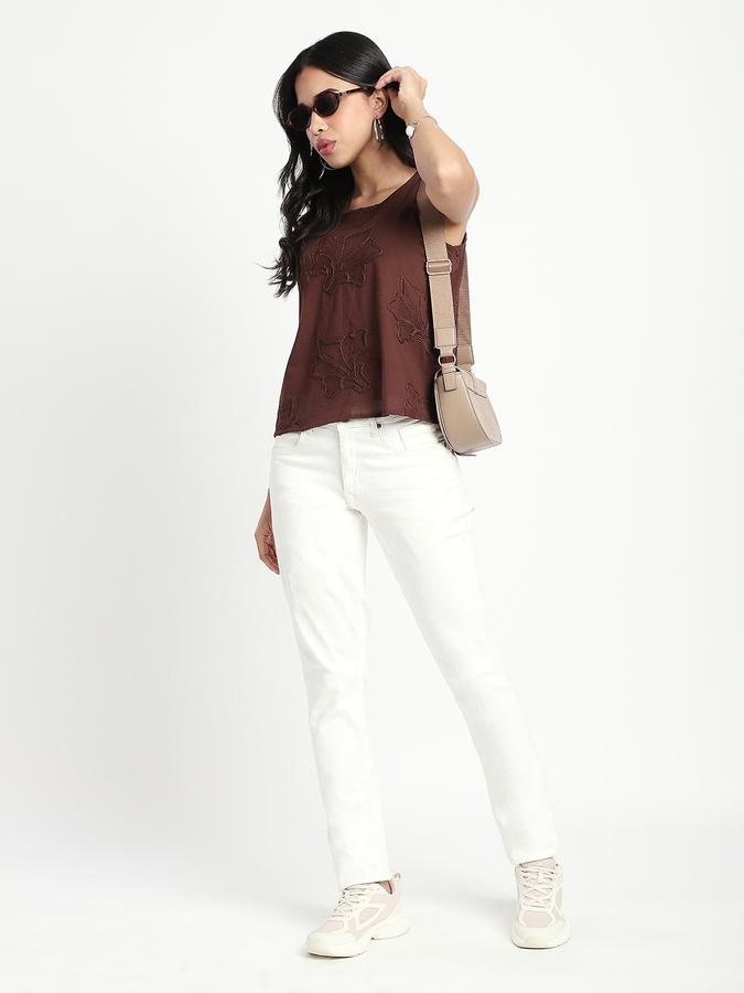 Women Cotton Regular Fit Round Neck Embroidered Top