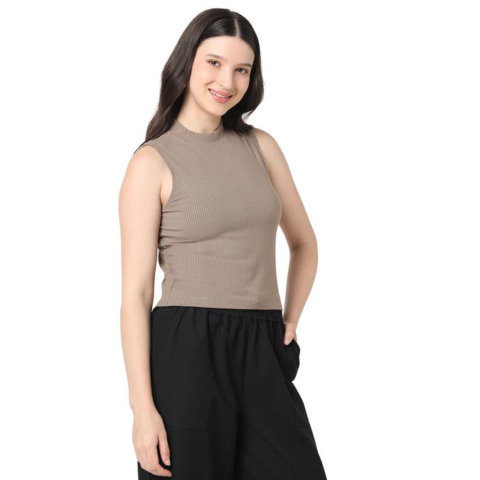 R&B Women Brown Solid Sleeveless Ribbed Top
