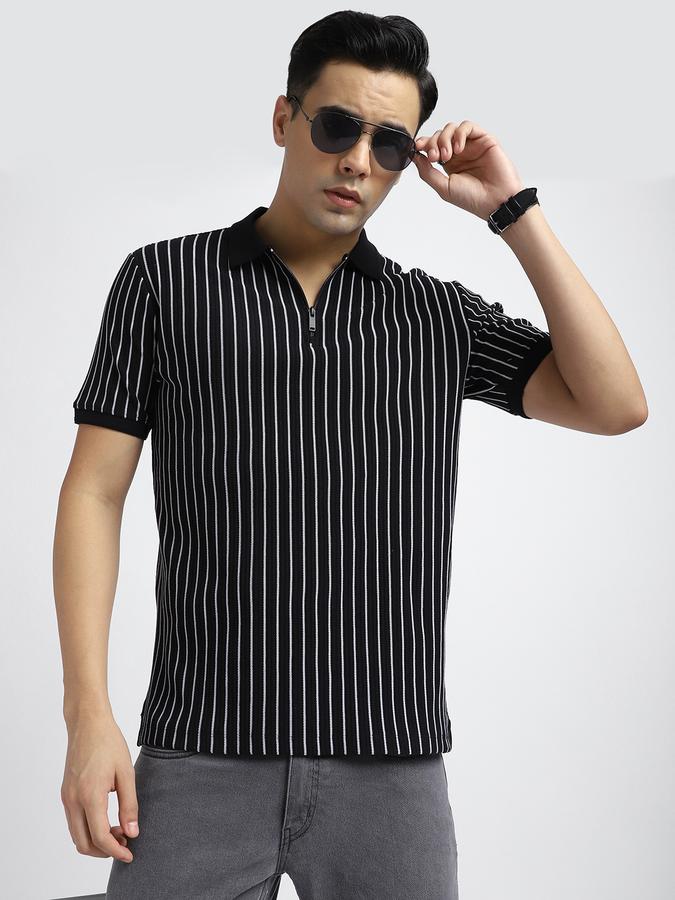 Men Cotton Blend Regular Fit Polo Neck Striped T-shirt