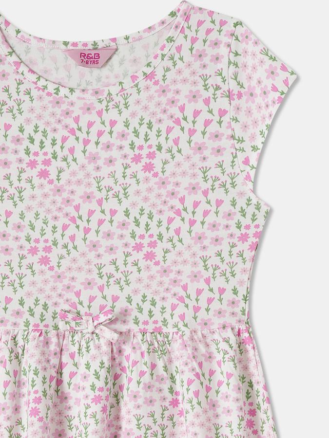 Girls Floral Print Short Sleeves Round Neck Knee Length Dress