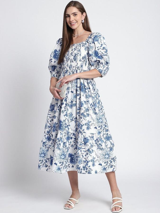 R&B Women Blue Floral Three-Quarter Sleeves Square Neck Midi A-Line Dress