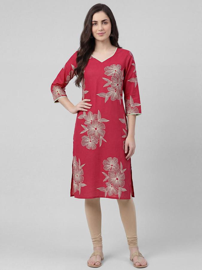 R&B Women Magenta Floral Print V-Neck Knee Length Pure Cotton Ethnic Kurta