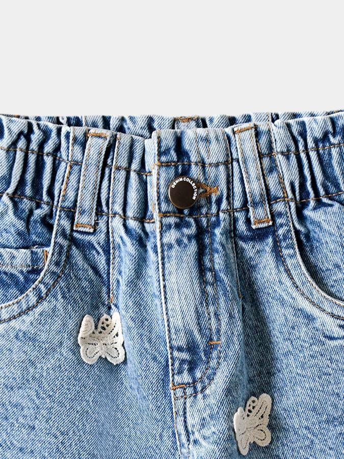 Girls Cotton Regular Fit Elastic Waist Embroidered Jeans