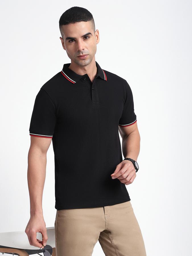 Men Cotton Blend Slim Fit Polo Neck Solid T-shirt