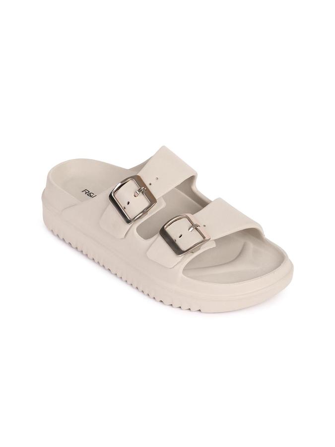 R&B Womens Beige Solid Slip On Slider