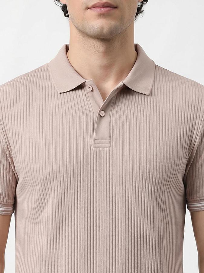 R&B Men's Beige Short sleeve Polo Neck Self Design T-Shirt