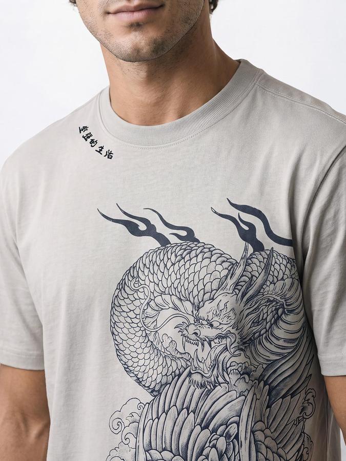 R&B Men Grey Short Sleeve Round Neck Japanese Dragon Graphic Print T-Shirt