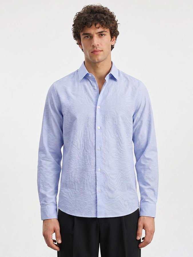 R&B Men Sky Blue Button Down Long Sleeves Textured Shirt