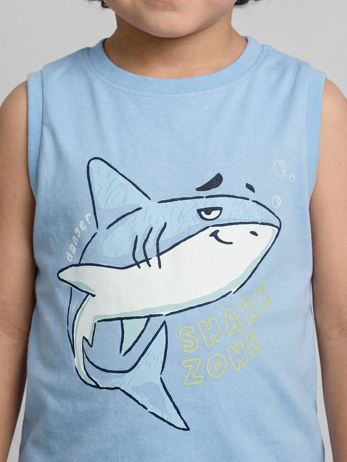 R&B Blue Graphic Print Boys Round Neck Regular Fit Sleeveless T-Shirt 