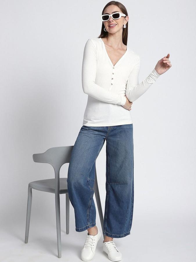 R&B Womens Ivory Self Design V-Neck Long Sleeves T-shirt