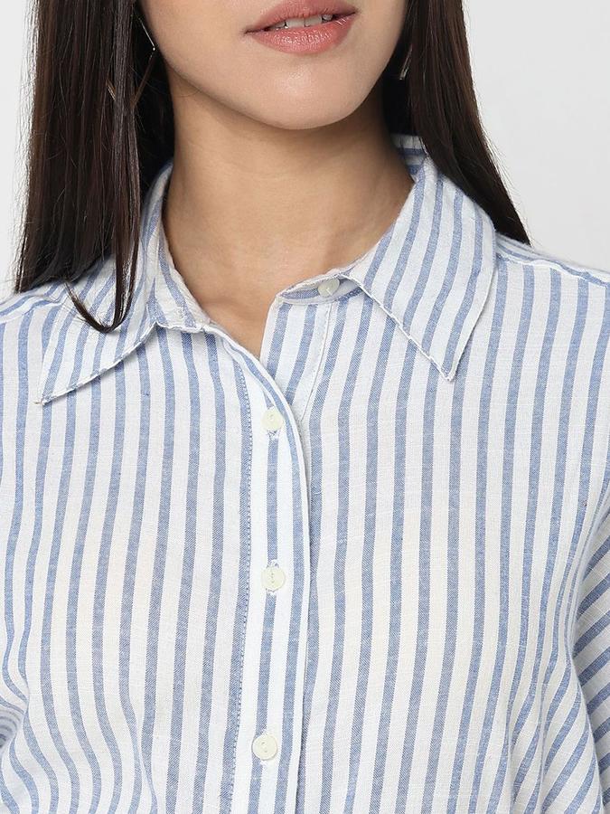 R&B Women Blue Striped Half Sleeves Shirt Collar Maxi Shirt Dress