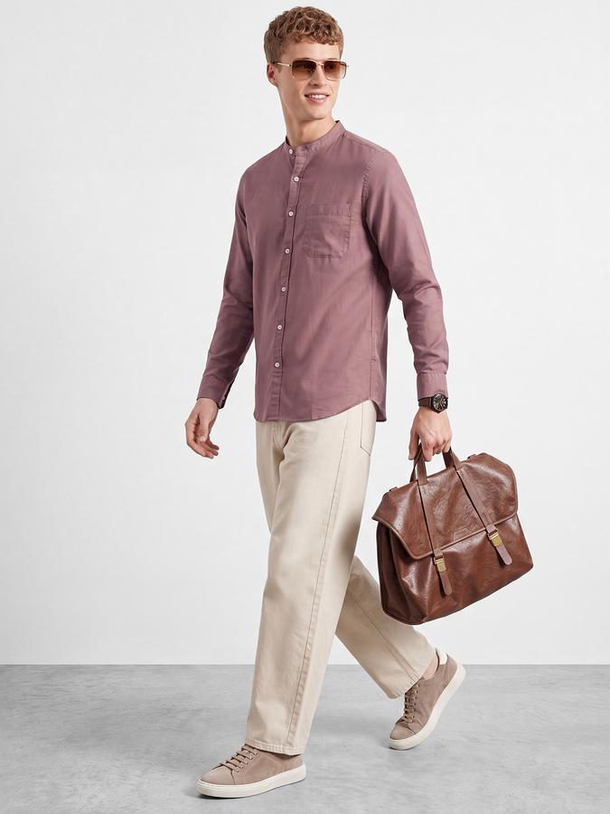 R&B Men's Mauve Long Sleeves Slub Mandarin Collar Shirt