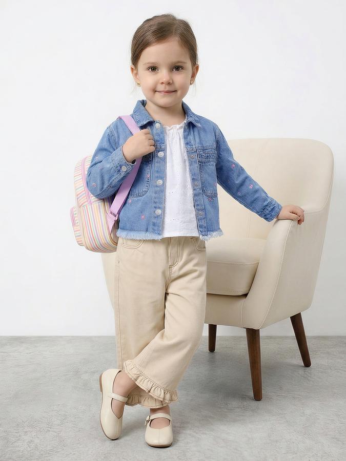R&B Girls Blue Full Sleeves Floral Embroidery Denim Jacket