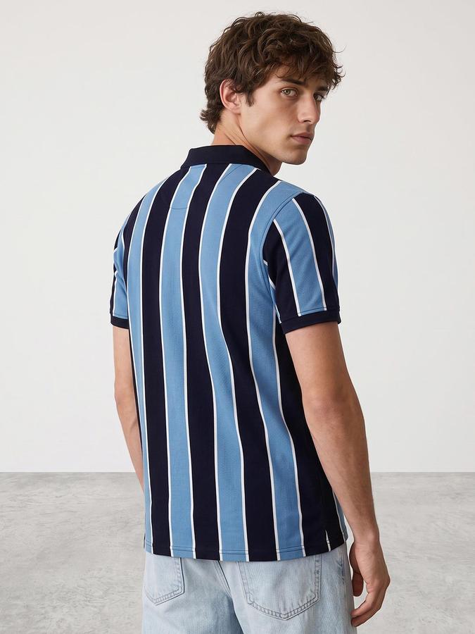 R&B Men Navy Striped Short Sleeves Polo Collar Pure Cotton T-Shirt