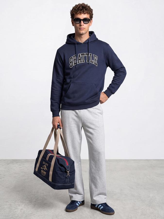 R&B Men Light Blue Graphic Print Hooded Long Sleeves Sweatshirt