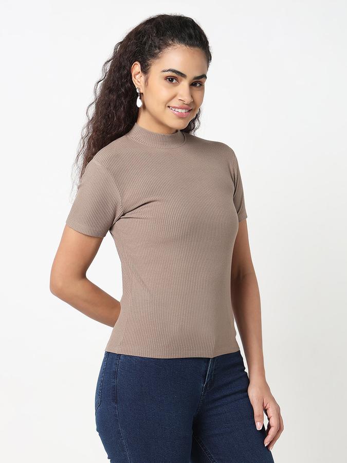 Women Viscose Slim Fit High Neck Ribbed Top