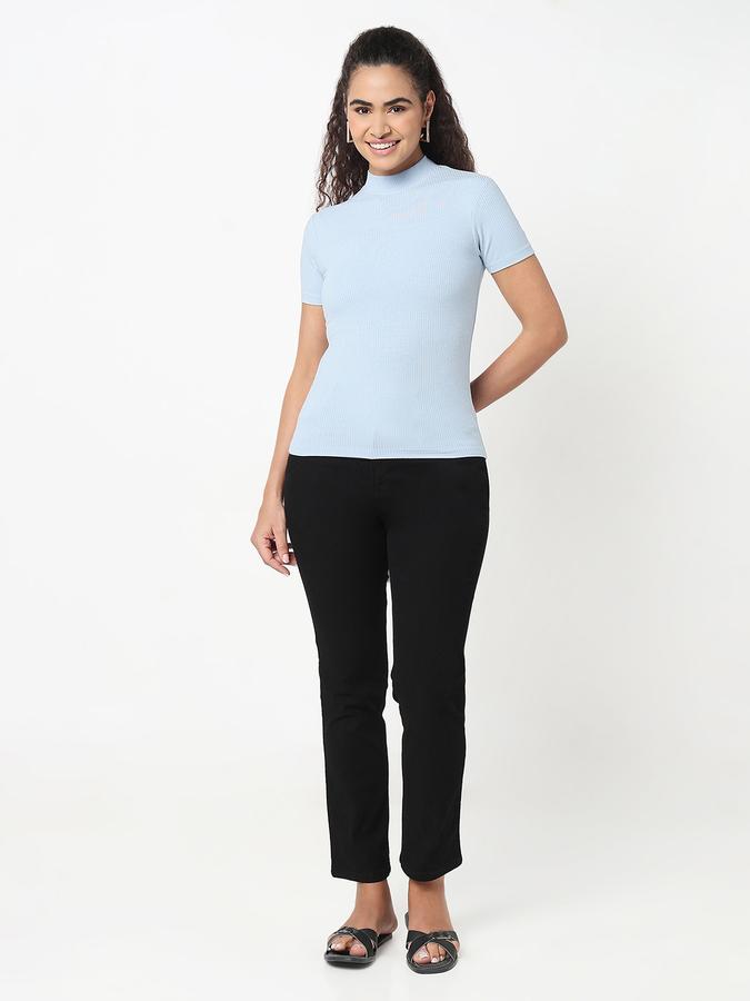 R&B Women Powder Blue Solid Ribbed Top